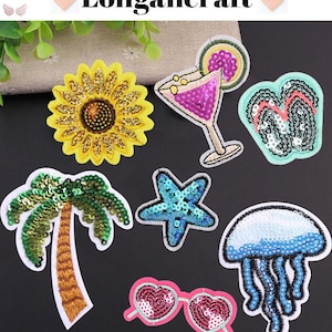 Toppe da stirare con paillettes estive, tema spiaggia, occhiali da sole, infradito, bevande, girasoli, toppe con palme