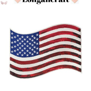 May include: A red, white, and blue American flag patch made of sequins. The flag is waving in the wind.