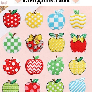 Pode incluir: Uma coleção de patches coloridos em forma de maçã com vários padrões, incluindo estrelas, bolinhas, listras e xadrez. Os patches são vermelhos, amarelos, verdes e azuis, com detalhes bordados e caules. O texto "Longancraft" está no topo.