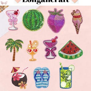 May include: Embroidered summer-themed patches featuring a watermelon slice, cocktail glasses, a palm tree, ice cream cone, strawberry, coconut drink, flip-flops, and a refreshing drink. The text "Longancraft" is at the top.