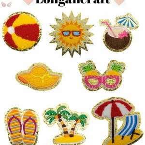 Beach Chenille Iron On Patches, Travel Patch, Summer Applique, Palm Tree, Sun, Sunglasses Patch