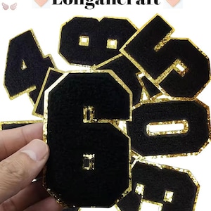 Toppa ricamata in ciniglia glitterata nera da 3,1 pollici 0-9, toppa con numero glitterato, toppe stirabili