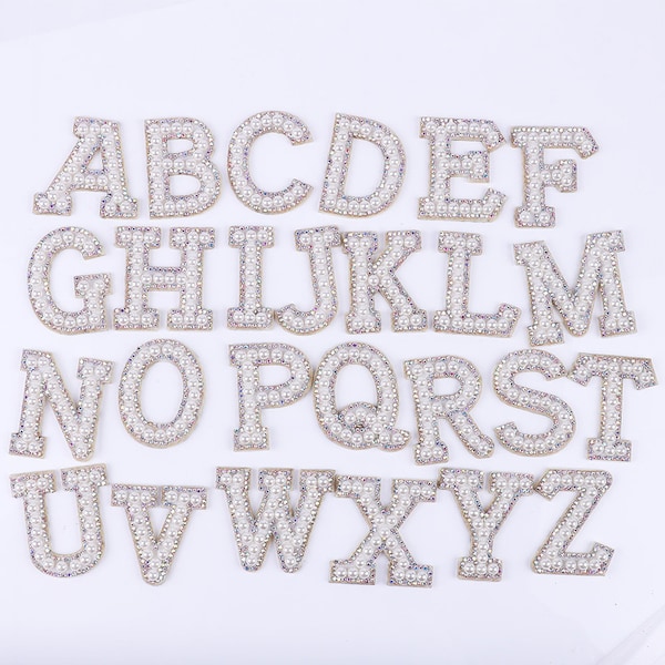 White Pearl Rhinestone Patch A-Z, Letter Patches Iron On/Sew On, Letter Appliques
