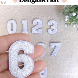 Può includere: Numeri termoadesivi bianchi 0, 1, 2, 3, 6, 7 e 8. I numeri sono ricamati con filo bianco e hanno un contorno bianco.
