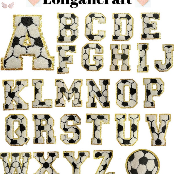 Soccer Glitter Chenille Embroidered Patch A-Z, Glitter Alphabet Patch, Iron On Patches, Football Letters Patch