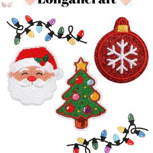 May include: Embroidered Christmas patches featuring Santa Claus, a Christmas tree, a red ornament with a white snowflake, and two strings of colorful Christmas lights. The patches are in various shapes and sizes, perfect for holiday crafts.