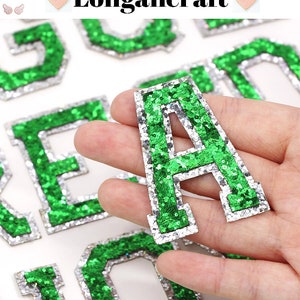 Parche de letras con lentejuelas verdes de 2 pulgadas, parches de letras termoadhesivos, apliques de letras
