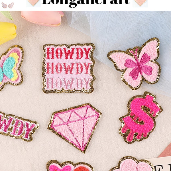 Pink Chenille Embroidered Patch, Flower Patch, Diamond Patch, Butterfly Patch, Letter Patch, Gold Glitter Embroidered Patch, Iron On Patch
