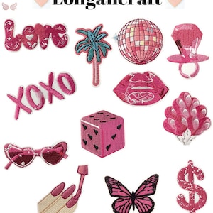 May include: A set of 13 pink and white iron-on patches featuring various designs, including a palm tree, a disco ball, a ring, a pair of sunglasses, a butterfly, a lipstick, a dice, a dollar sign, a heart, a lips, a XOXO, a love, and a bunch of balloons. The patches are perfect for adding a touch of personality to clothing, bags, and other accessories.