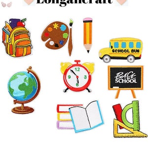 Écusson de broderie d'éléments scolaires, écusson de livre, écusson de règle, écusson d'autobus scolaire, écusson de cartable, écusson de crayon. Patchs thermocollants