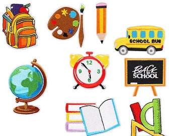 School Iron On Embroidery Patch, Book, Ruler, Bus, Pencil, Globe Patches, Patch for Backpack