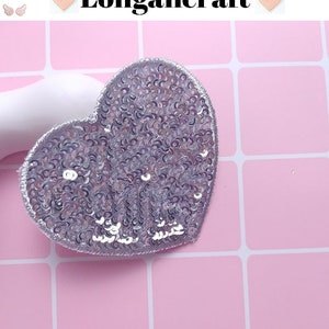 Color Heart Sequined Iron On Patch, Glitter Sequins Patch, Iron On Patch silver