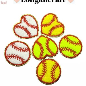 7cm Baseball Glitter Chenille Embroidered Patch 5PCS, Heart Glitter Patch, Iron On Patches, Baseball Heart Patch