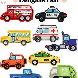 May include: Set of nine embroidered iron-on patches featuring different types of vehicles, including a fire truck, police car, ambulance, school bus, semi-truck, taxi, jeep, pickup truck, and garbage truck.