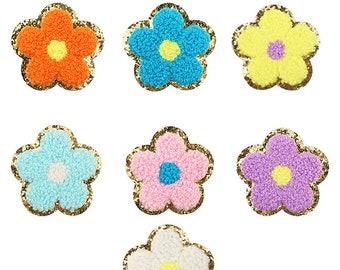 Flower Chenille Glitter Patch, Color Patch, Gold Glitter Embroidered Patch, Iron On Patches