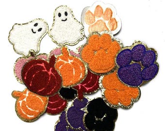 Pumpkin Ghost Chenille Glitter Patch, Halloween Patch, Gold Glitter Embroidered Patch, Iron On Patch