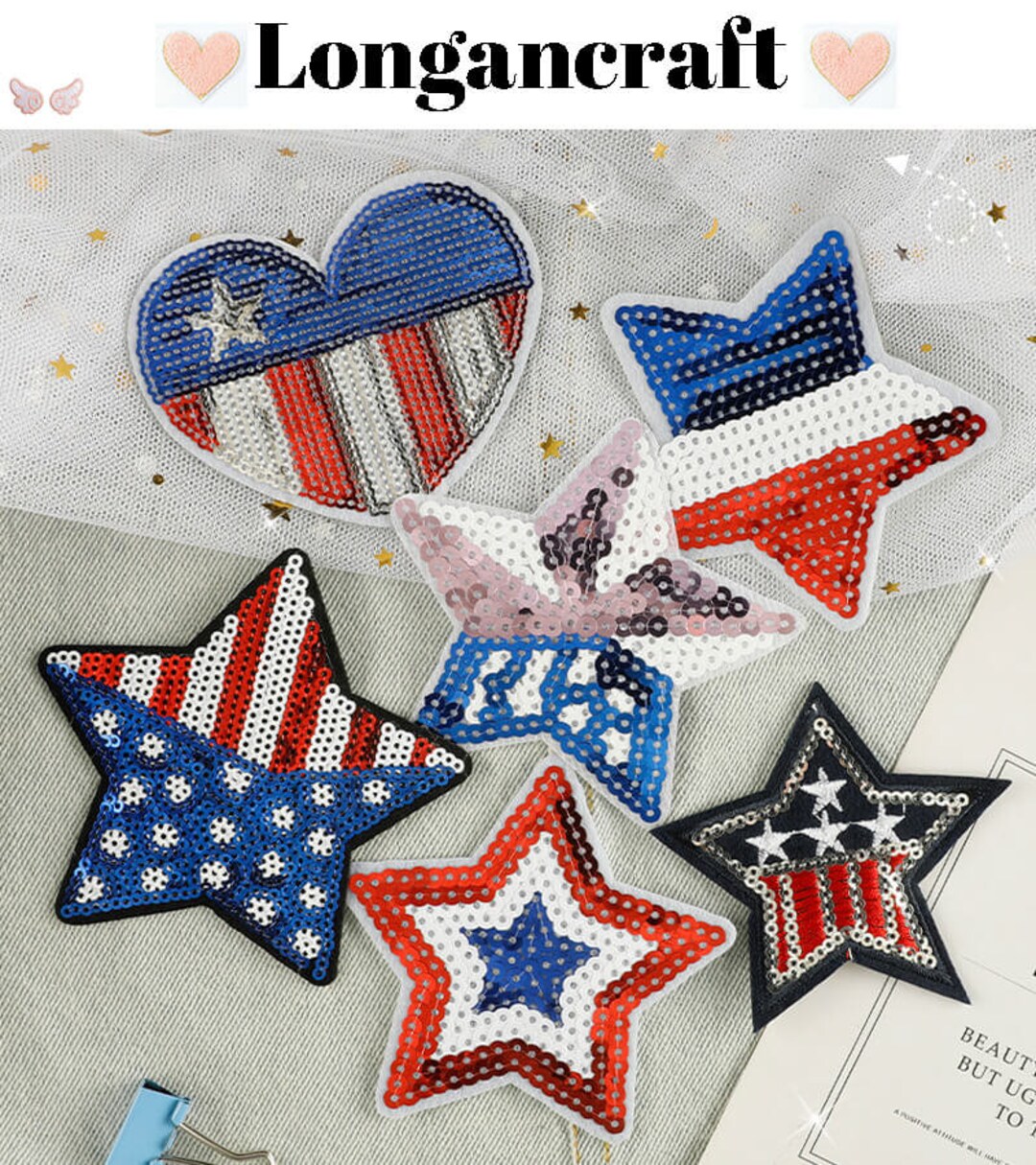Flag Star Patch, Glitter Sequin Embroidered Patch, Iron on Patches