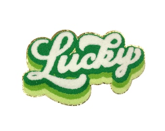 Lucky Chenille Embroidered Patch, Green Clover Patches, Letter Glitter Patch, Iron On Patches