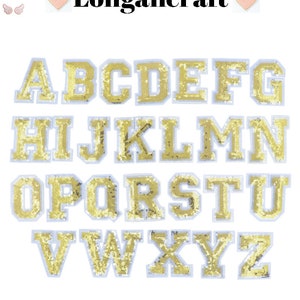 May include: A set of 26 gold sequined iron-on letters, A through Z, with a white outline. The letters are perfect for adding a personalized touch to clothing, bags, or other fabric items.