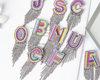 She Love Rhinestones Color Letters Patch A-Z, Letter Patches Tassel Pin, Letter Appliques