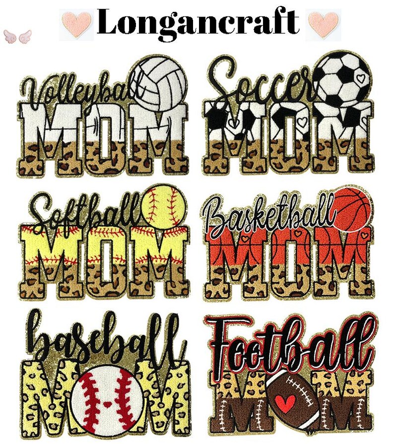 K&ouml;nnte beinhalten: Sechs B&uuml;gelbilder mit Leopardenmuster-Hintergrund und dem Wort "MOM" in goldenen Glitzerbuchstaben. Jedes B&uuml;gelbild zeigt eine andere Sportart: Volleyball, Fu&szlig;ball, Softball, Basketball, Baseball und American Football.