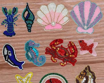 Parche de animales marinos con diamantes de imitación, estrella de mar, concha, cangrejo, cangrejo de río, ballena, caballito de mar, parche de cuentas, parche de color, parches para coser