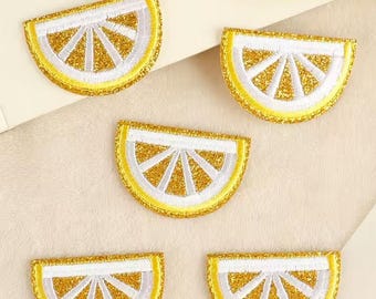 Glitter Lemon Slice Embroidered Iron On Patch, Summer Fruit Applique