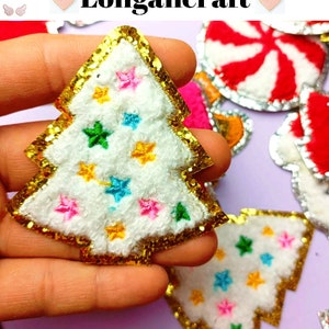 Toppa in ciniglia con albero di Natale, toppe di Babbo Natale, toppa ricamata con glitter, toppa stirabile