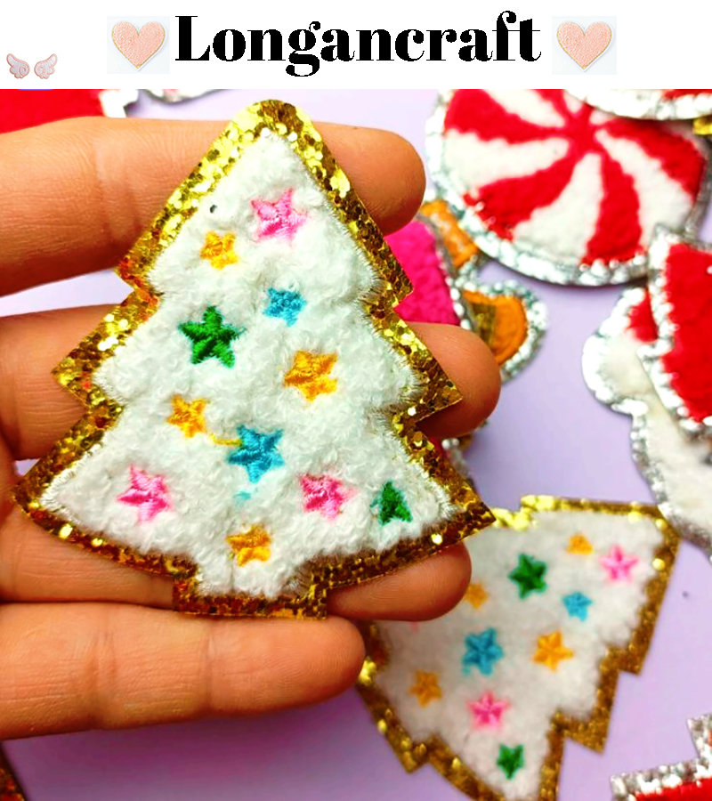Christmas Tree Chenille Patch, Santa Claus Patches, Glitter Embroidered Patch, Iron On Patch