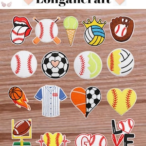 May include: A selection of embroidered sports-themed patches. Designs include baseballs, footballs, a basketball with flames, and a rugby ball. The patches are in various colours, including red, white, blue, and yellow. The word "Longancraft" is at the top.