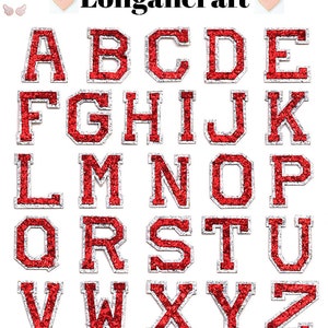 Może przedstawiać: Pełny alfabet czerwonych, brokatowych liter uniwersyteckich, każda ze srebrną obwódką, na białym tle. Litery od A do Z. Nazwa marki "Longancraft" jest wyświetlana u góry.