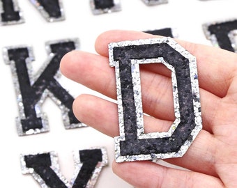 Écusson lettres paillettes noires de 2 pouces, lettres thermocollantes, appliques lettres