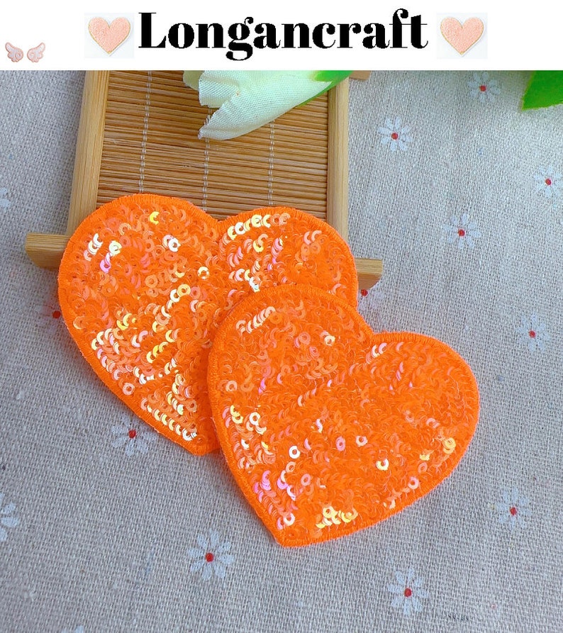 Color Heart Sequined Iron On Patch, Glitter Sequins Patch, Iron On Patch orange