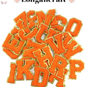 Parche bordado de chenilla con letras, parche bordado/planchado autoadhesivo con purpurina dorada naranja de 2,2 pulgadas, parches con nombre DIY
