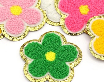 Flower Chenille Glitter Patch, Color Patch, Gold Glitter Embroidered Patch, Iron On/ Self-Adhesive