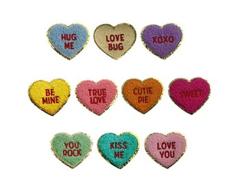 Colorful Chenille Heart Patch, Gold Glitter Letter, Iron On Applique, Love Patches for Shirts