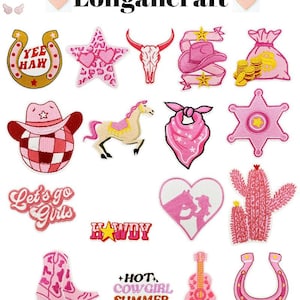 May include: A set of 15 pink and white iron-on patches with various designs, including a horseshoe, a star, a skull, a cowboy hat, a cactus, a guitar, and the words "Let's go girls" and "Howdy".