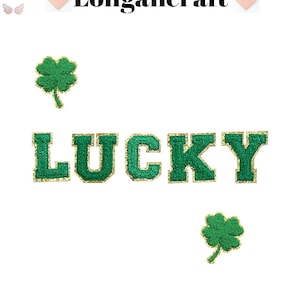 Parche con letras LUCKY, juego de parches de chenilla con letras verdes de 2,1 pulgadas, parche de chenilla con letras brillantes, parches autoadhesivos