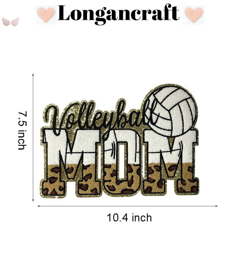 K&ouml;nnte beinhalten: Volleyball Mom B&uuml;gelbild mit goldfarbenem Glitzer-Hintergrund und Leopardenmuster. Das B&uuml;gelbild ist 7,5 Zoll hoch und 10,4 Zoll breit.