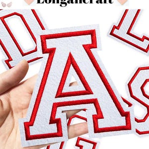 Écusson de broderie grande lettre alphabet blanc bordure rouge 4,8 pouces, écussons personnalisés, écussons pour sacs à vêtements, écussons thermocollants