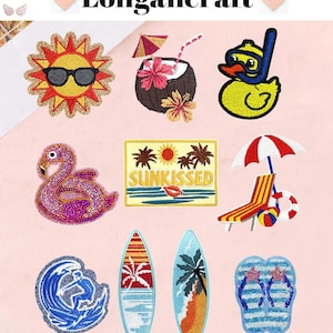 May include: A collection of embroidered patches with a summer theme. Designs include a sun wearing sunglasses, a coconut drink, a duck with a snorkel, a flamingo, a "Sunkissed" patch, a beach chair, surfboards, a wave, and flip-flops. The brand name "Longancraft" is at the top.