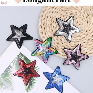 2Pcs Glitter Sequins Star Iron On Patch, 3.0 Inch