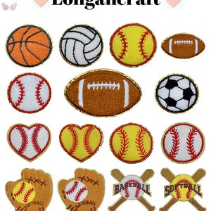 May include: A set of 12 iron-on patches featuring various sports balls, including baseball, softball, basketball, football, soccer, and volleyball. The patches are all in a cartoon style and have a gold glitter outline.