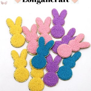 Rabbit Chenille Embroidery Patch, Bunny Patch, Gold Glitter Embroidered Patch, Iron On Patches