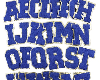 Royal Blue Letter Chenille Embroidered Patch, 3.1 Inch Gold Glitter Iron On Embroidered Patch, DIY Name Alphabet Patches