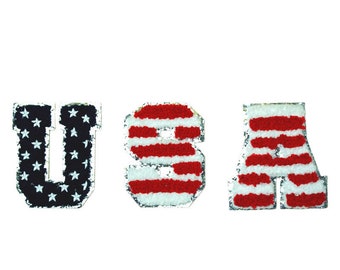USA Letter Patch, 3.1 Inch Letter Chenille Patch Set, Silver American Flag Letter Chenille Embroidered Patch, Iron On Patches