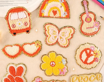 Travel Chenille Patch, Butterfly, Rainbow, Flower, Glitar, Sunglasses Patches, Bus Patches, Glitter Embroidered Patch, Iron On Patch