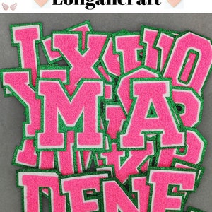 Juego de parches bordados de chenilla con letras rosas, A-Z, parche bordado con brillantina verde de 3,1 pulgadas para planchar, parches con nombre y alfabeto para hacer uno mismo