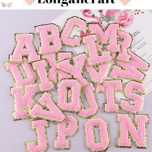 Pink Letter Chenille Embroidered Patch, 3.1 Inch Gold Glitter Iron On Embroidered Patch, DIY Name Alphabet Patches