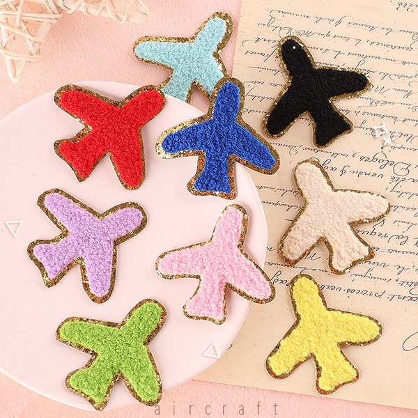 Colorful Airplane Chenille Embroidered Patch, Gold Glitter Embroidered Patch, Iron On Patch